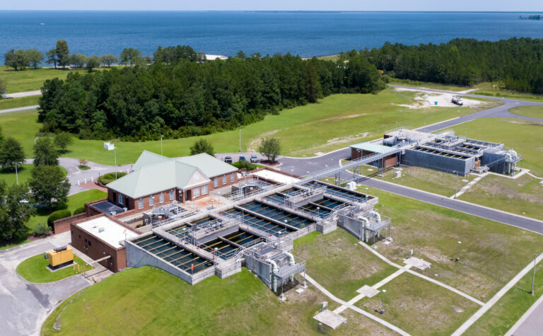 Lake Moultrie Water Systems plant with Lake Moultrie in the background.